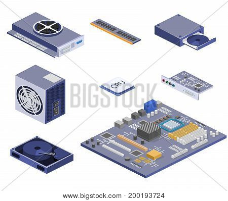 Isometric Flat 3D Isolated Vector White Computer Computer Parts