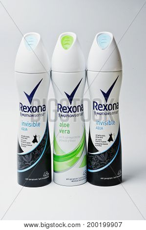 Hai, Ukraine - August 10, 2017: Close-up Photo Of Deodorant Rexona On The White Background.