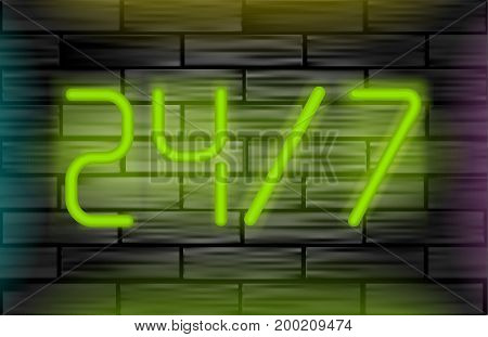 Neon message on brick wall. Open 24 7 vector Illustration.
