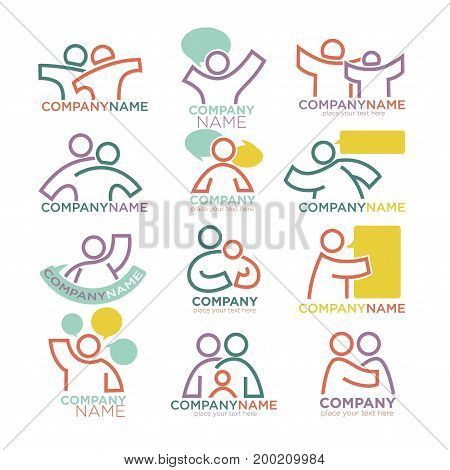 Family parents and child care logo templates. Vector symbols of mother and father for parental or orphan adoption and social organization or education company