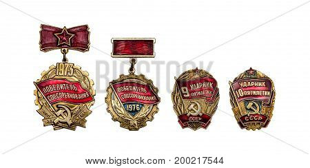Retro badges USSR (Winner of socialist competition udarnik of the five year plan) isolated on white background