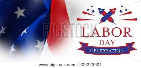 Digital composite image of labor day celebration text against full frame of wrinkled american flag