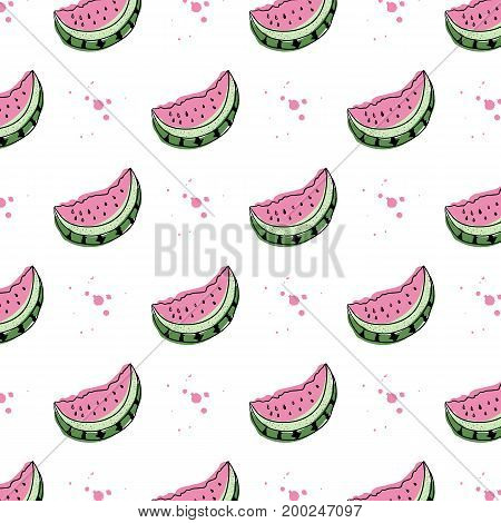 Vector white background with watermelon slices. Cute seamless vector pattern. Baby and kids style abstract geometric background. Fashion trendy fabric, simple ornament, template, layout for design
