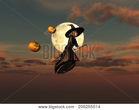 3d illustration of a witch on a broomstick and jack-o'-lanterns