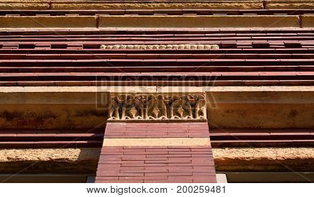 Nineteenth century fancy stone and brick facade on old brick building