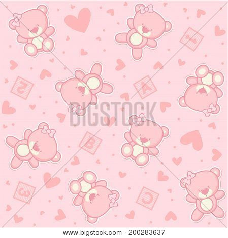 cute teddy bear seamless background with stars and alphabetical cubes, design for baby girl and children