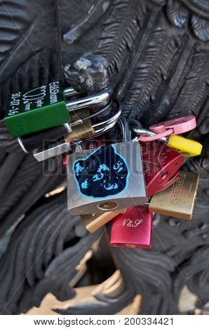 Padlocks Engraved With The Names Of Lovers, Locked Onto The Wrought-iron Railings Of The Weidendamme