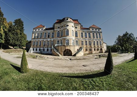 The facade of the baroque palace in Rogalin in Poland
