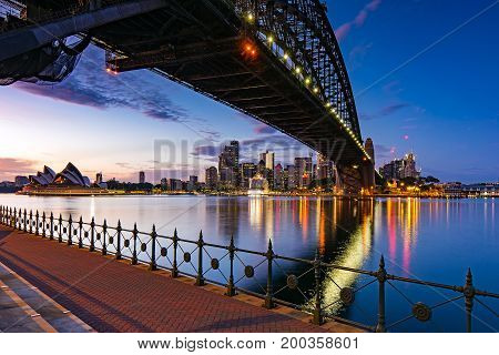 Sydney skyline and harbor bridge during sunrise, New South Wales Australia