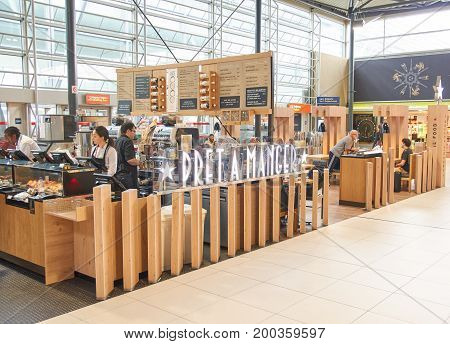 PARIS FRANCE - MAY 14 2017 : Pret a Manger shop. Pret a Manger is an international sandwich shop chain based in the United Kingdom