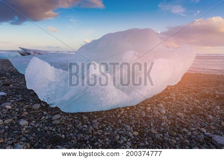Natural Ice breaked on black rock beach Iceland natural landscape background