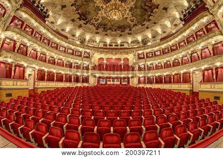 PRAGUE CZECH REPUBLIC - DECEMBER 21 2016: The State Opera Prague - Empty auditorium before reconstruction