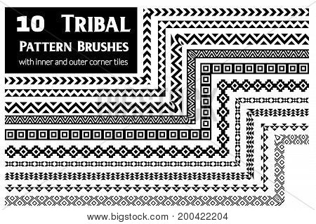 Ethnic vector pattern brushes with inner and outer corner tiles. Perfect for creating design elements, tribal geometric ornament, frames, borders and more. All used brushes included in brush palette.