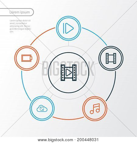 Media Outline Icons Set. Collection Of Musical Note, Film, Empty Accumulator And Other Elements