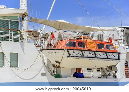 ZADAR, CROATIA - JULY 15, 2017: The lifeboat is suspended on a cruise ship