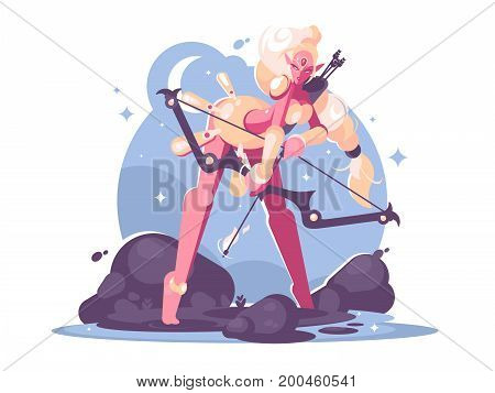 Character archer cartoon girl elf with bow and arrows. Vector illustration