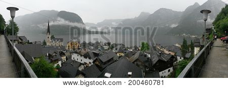 Panorama of old Hallstatt in the rain, Austria