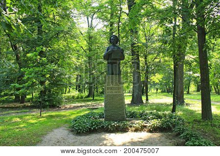 Baturyn / Ukraine. 22 July 2017: The monument to Petro Prokopovych the founder of commercial beekeeping in Baturyn. Among his most important inventions was a hive frame in a separate honey chamber of his beehive.  22 July 2017 in Baturyn town in Chernihiv