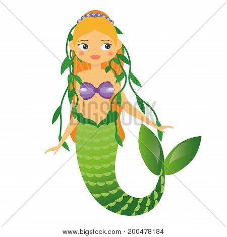 Cute Mermaid with alga in yellow hair. Fairy undine princess. Vector illustration for kids, babies, children fashion