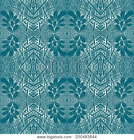 Blue tiles with seamless pattern. Vector illustration. Drawing by hand