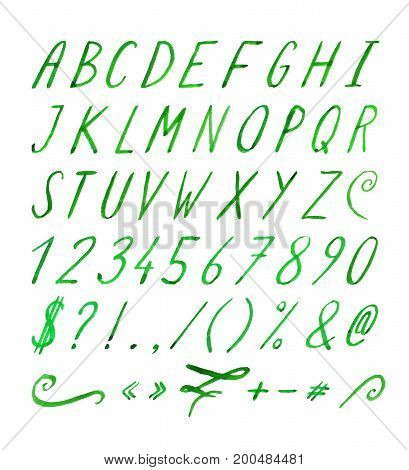 Hand drawn green watercolor font with punctuation marks on white background. Font contains question mark, exclamation point, period, comma, dash, hyphen, bracket, parenthesis. Vector illustration.