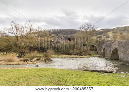historic stone bridge at a small rural village named Oberregenbach near Langenburg in Hohenlohe a area in Southern Germany