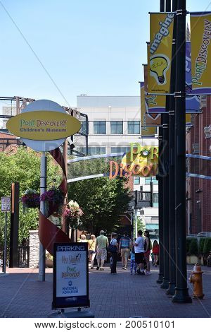BALTIMORE, MARYLAND - JULY 3: Port Discovery Childrens Museum in Baltimore, Maryland, as seen on July 3, 2017. It is a non-profit institution located in the historic Fish Market building.