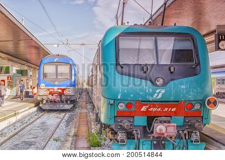 Venice, Italy - May 13, 2017 : Modern High-speed Passenger Train Stand On Main Railways Station Veni
