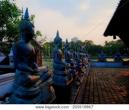 Buddha statues in Seema Malaka temple in Colombo Sri Lanka