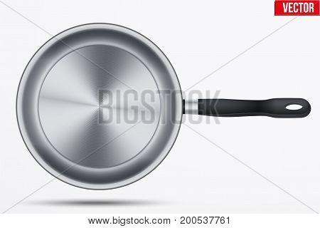 Classic stainless steel fry pan with handle. Top view and round shape. Kitchen and domestic symbol. Vector Illustration isolated on background.