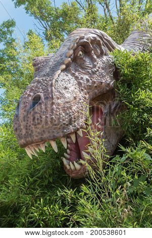 T-Rex Dinosaur Head Model among vegetation inside a Park in Italy