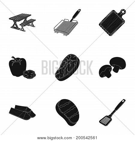 Meat, steak, firewood, grill, table and other accessories for barbecue.BBQ set collection icons in black style vector symbol stock illustration .