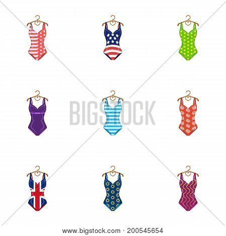 To relax on the beach, a pool of colorful swimsuits. Swimsuits set collection icons in cartoon style vector symbol stock illustration .