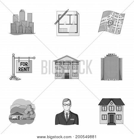 Real estate agency and other attributes. Realtor set collection icons in monochrome style vector symbol stock illustration .