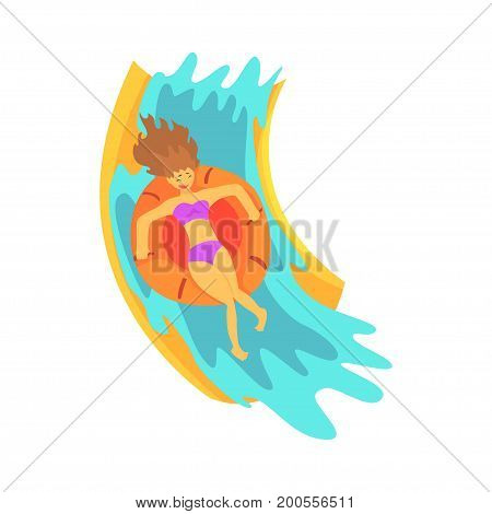Young woman riding down a water slide in a water park in summer vacation cartoon vector Illustration on a white background