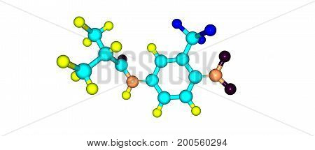 Flutamide is a nonsteroidal antiandrogen NSAA used primarily to treat prostate cancer. It acts as a selective antagonist of the androgen receptor. 3d illustration