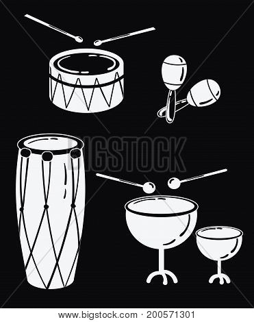 A set of percussion musical instruments. Collection of musical drums. Stylized musical instruments. Black and white vector illustration.