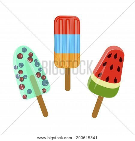 Set of Popsicles with berries and fruits isolated ob white background. Top view ice-cream vector illustration eps 10