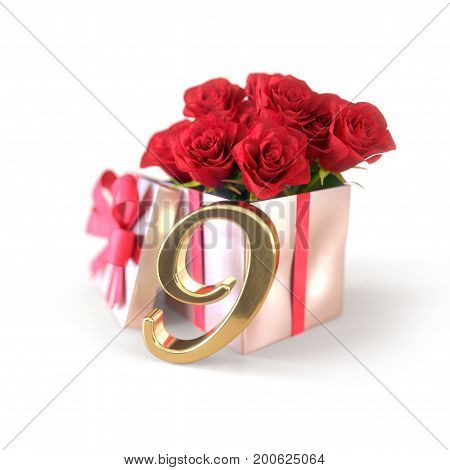 birthday concept with red roses in gift isolated on white background. 3D render - nineth birthday. 9th