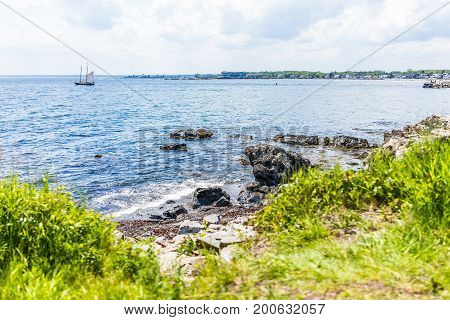 Cityscape Or Skyline Of Kennebunkport Town Beach With Ship And Coast