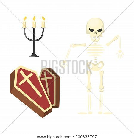 Skeleton with coffin and candles on white background. Halloween concept.