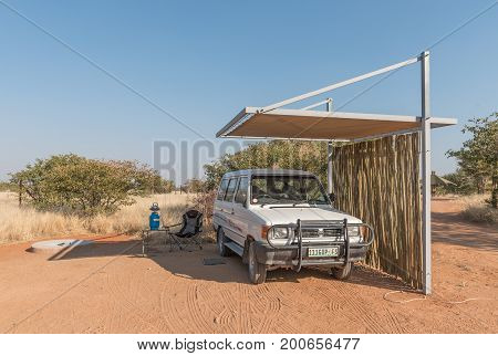 ETOSHA NATIONAL PARK NAMIBIA - JUNE 26 2017: View of a camping site at the Olifantsrus Rest Camp in the Etosha National Park