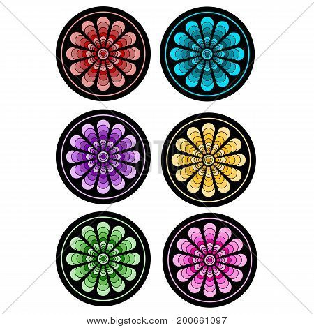 There are six colorful mandala badges in this collection.