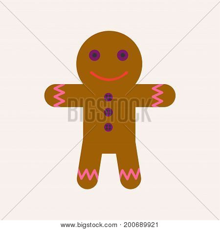 Ginger bread man with kind face, raisin buttons and zigzag cuffs made of cream isolated cartoon flat vector illustration on white background. Fairy tale funny edible character made of dough.