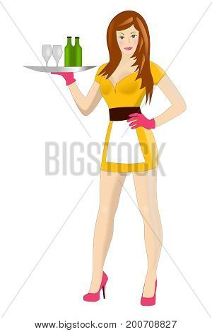 a cheerful sexy waitress with tray isolated on white background