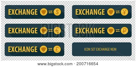Rectangular horizontal button vector exchange crypto currency NEM with other currencies. banner with arrows on a dark background and long shadows