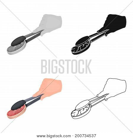 Tongs with raw steak. Eating and cooking single icon in cartoon style vector symbol stock illustration .