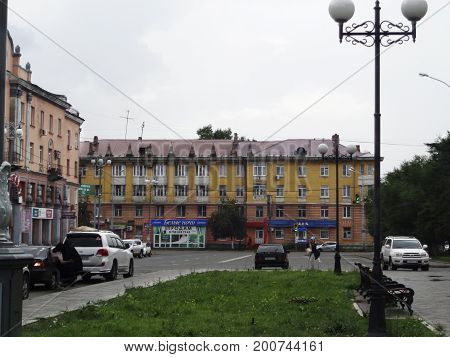 Kazakhstan, Ust-Kamenogorsk - 01, August 2017. The Independence Avenue. Old architecture. Architecture. Architectural background.