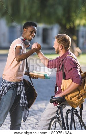 young handsome multiethnic students greeting in park