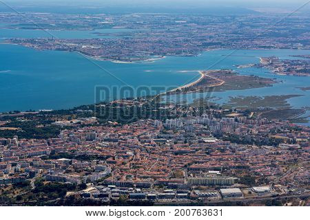 Lisbon Portugal Aerial View Arrival Airplane High Altitude Perpsective Landscape